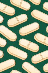 Flat style oval beige pills seamless pattern on green background