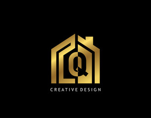 Golden Q Letter Logo. Minimalist gold house shape with negative Q letter, Real Estate Building Icon Design.