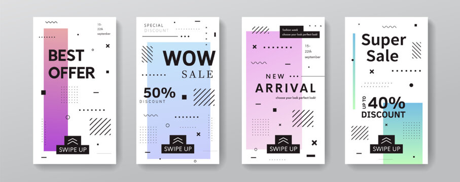 Trendy sale stories for social networks templates. Geometric promo banners for phone app. Modern offer posters set.