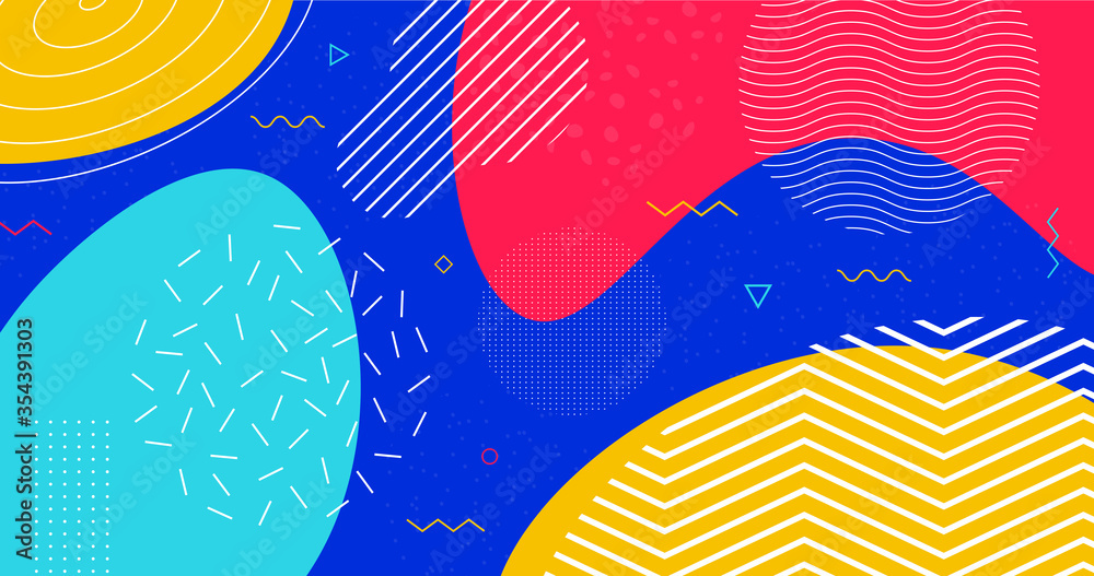 Aufkleber Abstract colorful geometric background vector design. Trendy memphis pattern backdrop. Vibrant bright liquid shapes composition.