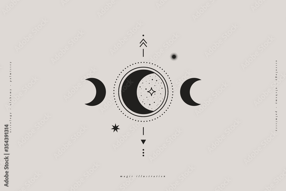 Poster Mystical composition with moon phases, stars, and arrows on a light background. Astrological signs in a trendy linear minimalist style. Abstract esoteric symbol in boho style.