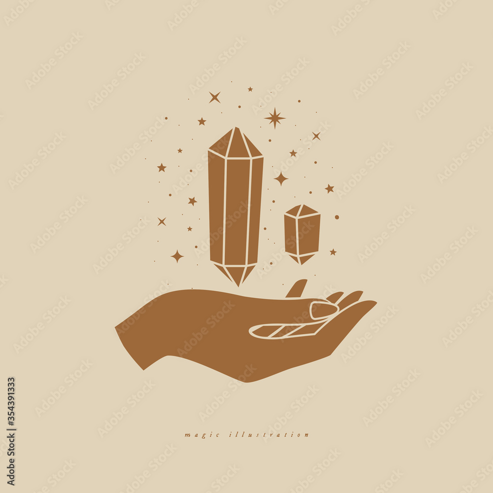 Poster magic crystals in trendy minimalist style on light background. magic stone quartz sparkles and hover