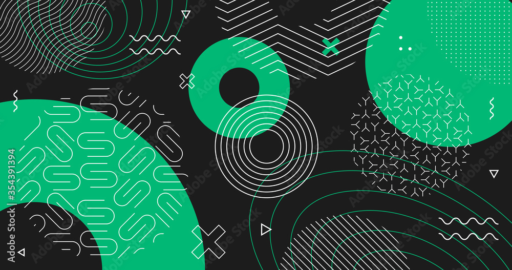 Poster Minimal geometric background. Memphis pattern shapes composition. Abstract minimalistic dark backdrop. Vector illustration.