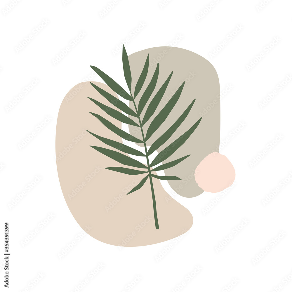 Poster exotic leaf and freehand shapes composition in pastel colors. minimalistic botanical image for ecolo