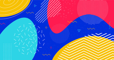 Abstract colorful geometric background vector design. Trendy memphis pattern backdrop. Vibrant bright liquid shapes composition.