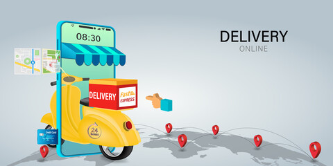 Fast delivery by scooter on mobile. E-commerce online concept. Online food order infographic. Webpage, app design. vector illustration.