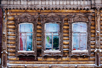 Detail of old wooden house in Tomsk, Siberia, Russia