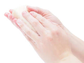 Soap hands holding a bar of soap, close-up, isolate on a white background. Antibacterial disinfectant soap, as a means of protection from germs. The doctor washes his hands before surgery