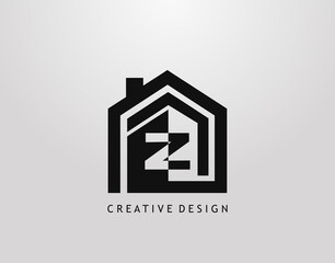 Z Letter Logo. Minimalist house shape with negative Z letter, Real Estate Building Icon Design.