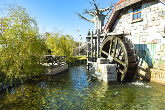 Wooden water mill and stone house