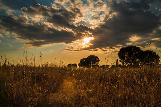 Romantic sunset at the Centocelle Park. Centocelle district of Rome