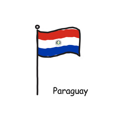 hand drawn sketchy Paraguay flag on the flag pole. three color flag . Stock Vector illustration isolated on white background.