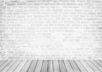 White brick wall  over plank wooden  background.  can be used for montage or display your products