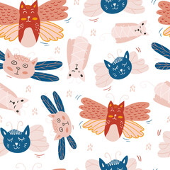 Vector seamless pattern design. Cute and funny cats isolated on the white background. Trendy animals in caps and glasses. Creative childish pink texture. Great for fabric, textile.