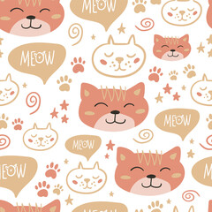 Obraz premium Vector seamless pattern design. Cute and funny cats isolated on the white background. Trendy animals in caps and glasses. Creative childish pink texture. Great for fabric, textile.