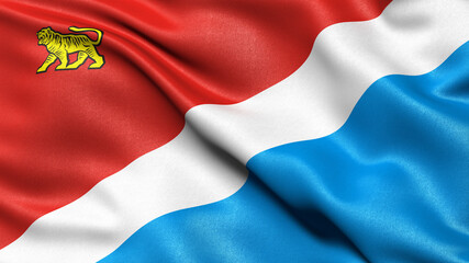 Naklejka premium Flag of Primorsky Krai waving in the wind. 3D illustration.