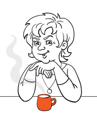 Young woman sitting with a cup of tea. In cartoon style. Black and white picture with a red accent. For coloring book. Vector  illustration.