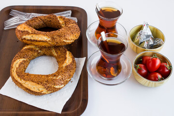 Snack breakfast with crispy, fresh,traditional Turkish bagel  