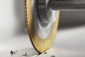 End mill cutting aluminium billet. Circular milling machine make hole in metal profile.
