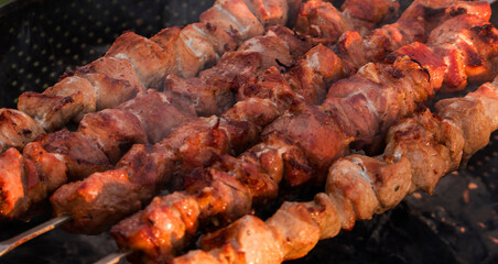 juicy delicious fried meat with onions on the coals