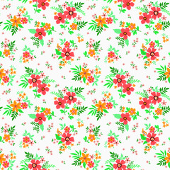 Cute floral pattern in the small flowers. Ditsy print. Seamless vector texture. Elegant template for fashion prints. Printing with small yellow and orange flowers. White background.