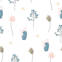 Seamless Cute small hand drawn sketch of botanicals and little flowers