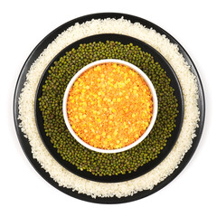Mash. Mung bean on a plate, on a white background. View from above. Isolated photo. Bean concept