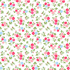 Obraz na płótnie Canvas Cute floral pattern in the small flowers. Ditsy print. Motifs scattered random. Seamless vector texture. Elegant template for fashion prints. Printing with small pink flowers. White background.