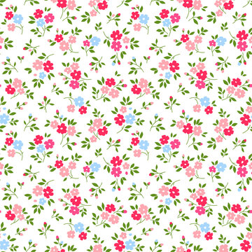 Cute floral pattern in the small flowers. Ditsy print. Motifs scattered random. Seamless vector texture. Elegant template for fashion prints. Printing with small pink flowers.  White background.