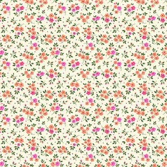 Simple cute pattern in small light orange flowers on beige background. Liberty style. Ditsy print. Floral seamless background. The elegant the template for fashion prints.