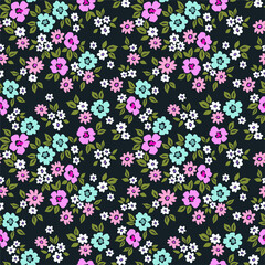 Floral pattern. Pretty flowers on dark  background. Printing with small white, pink and pale blue flowers. Ditsy print. Seamless vector texture. Spring bouquet.