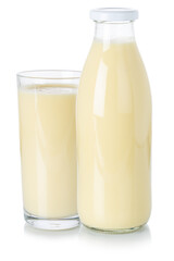 Milk drink milkshake shake in a bottle and glass isolated on white