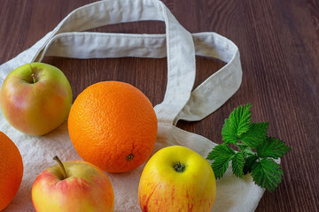 Canvas bag. Reusable shopping bag. Eco trend to reduce disposable plastic. Shot from above