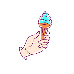 Hand. Ice cream in a waffle cone. Vector illustration on a white 
