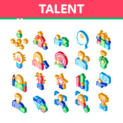 Human Talent Elements Icons Set Vector. Isometric Idea And Target, Diamond And Star, Signer, Speaker And Actor Talent Illustrations