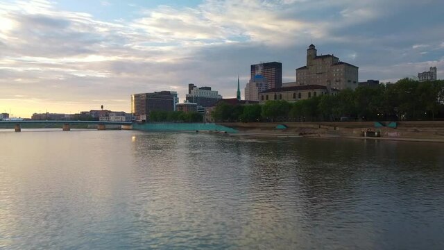 Crane up and over dayton drone footage. Drone flight over city of dayton downtown