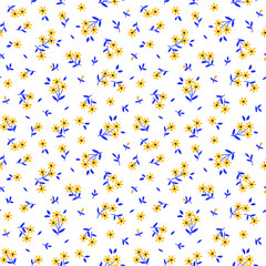 Cute floral pattern in the small flower. Ditsy print. Motifs scattered random. Seamless vector texture. Elegant template for fashion prints. Printing with small yellow flowers. White background.