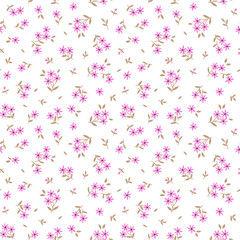 Cute floral pattern in the small flowers. Ditsy print. Seamless vector texture. Elegant template for fashion prints. Printing with small pink flowers. White background.