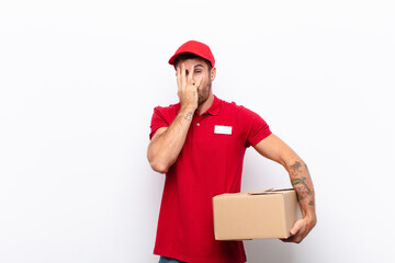 feeling scared or embarrassed, peeking or spying with eyes half-covered with hands. delivery concept