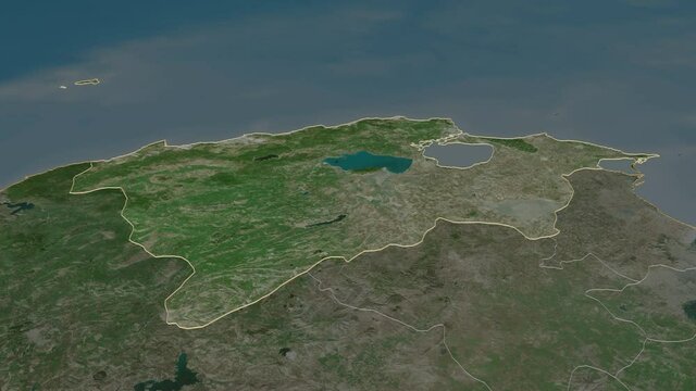 Bizerte, governorate with its capital, zoomed and extruded on the satellite map of Tunisia in the conformal Stereographic projection. Animation 3D