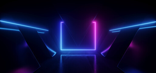 Neon Laser Sci Fi Futuristic Alien Spaceship Metal Reflective Corridor Tunnel Rectangle Frame Glowing Purple Blue Cyber Synth Warehouse Garage Underground Vibrant Background 3D Rendering