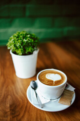 Fresh cappuccino on the table in white cup with plant decoration. Coffee break