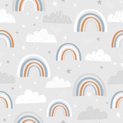 Seamless pattern with hand drawn rainbows and clouds. Creative texture for fabric, wrapping, textile, wallpaper, apparel. Vector illustration