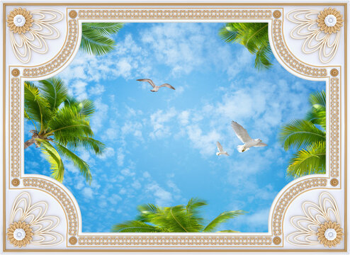 Fototapeta Ceiling wallpapers collage whith gold gypsum molding, sky, palm trees, birds 3d rendering