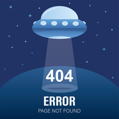 Ufo spaceship with lights. Message 404 error page not found. Aliens rocket in trendy blue colors.