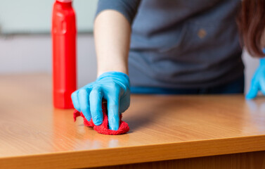 Young cleaning lady in a gray sweater and In blue gloves. She washes a wooden table with a red rag