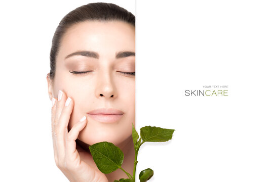 Healthy skin spa woman with green leaves. Beauty portrait of a young woman with clean fresh skin