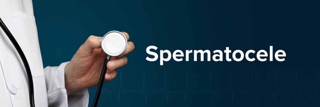 Spermatocele. Doctor in smock holds stethoscope. The word Spermatocele is next to it. Symbol of medicine, illness, health