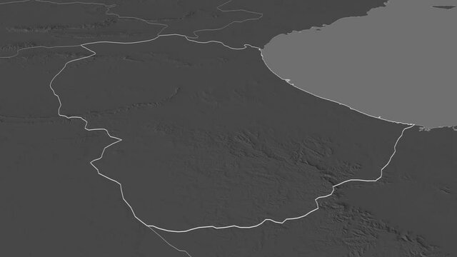 Gab&egrave;s, governorate with its capital, zoomed and extruded on the bilevel map of Tunisia in the conformal Stereographic projection. Animation 3D