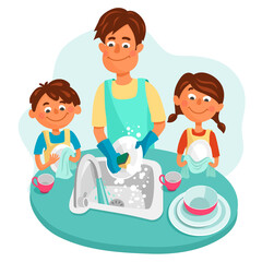 Dad with his daughter and son washes dishes. Children, a boy and a girl, help parents. Vector illustration in cute cartoon style.